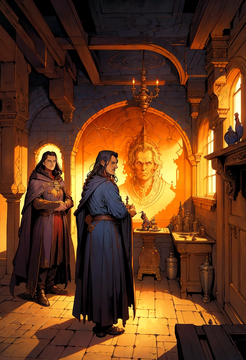 a painting of a man in a cloak standing in a room, michael whelan and gustave done, michael whelan and gustave dore, ted nasmith and marc simonetti, micheal whelan, by Michael Whelan, alan lee and marc simonetti, by Larry Elmore, michael whelan art, by the Brothers Hildebrandt, by Don Maitz