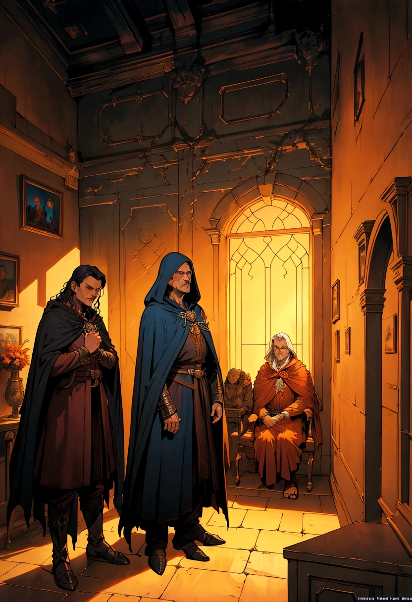 a painting of a man in a cloak standing in a room, michael whelan and gustave done, michael whelan and gustave dore, ted nasmith and marc simonetti, micheal whelan, by Michael Whelan, alan lee and marc simonetti, by Larry Elmore, michael whelan art, by the Brothers Hildebrandt, by Don Maitz