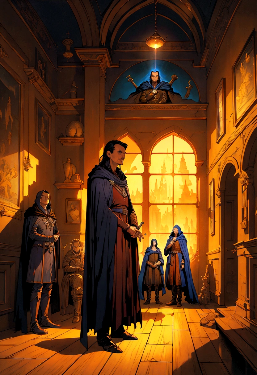 a painting of a man in a cloak standing in a room, michael whelan and gustave done, michael whelan and gustave dore, ted nasmith and marc simonetti, micheal whelan, by Michael Whelan, alan lee and marc simonetti, by Larry Elmore, michael whelan art, by the Brothers Hildebrandt, by Don Maitz