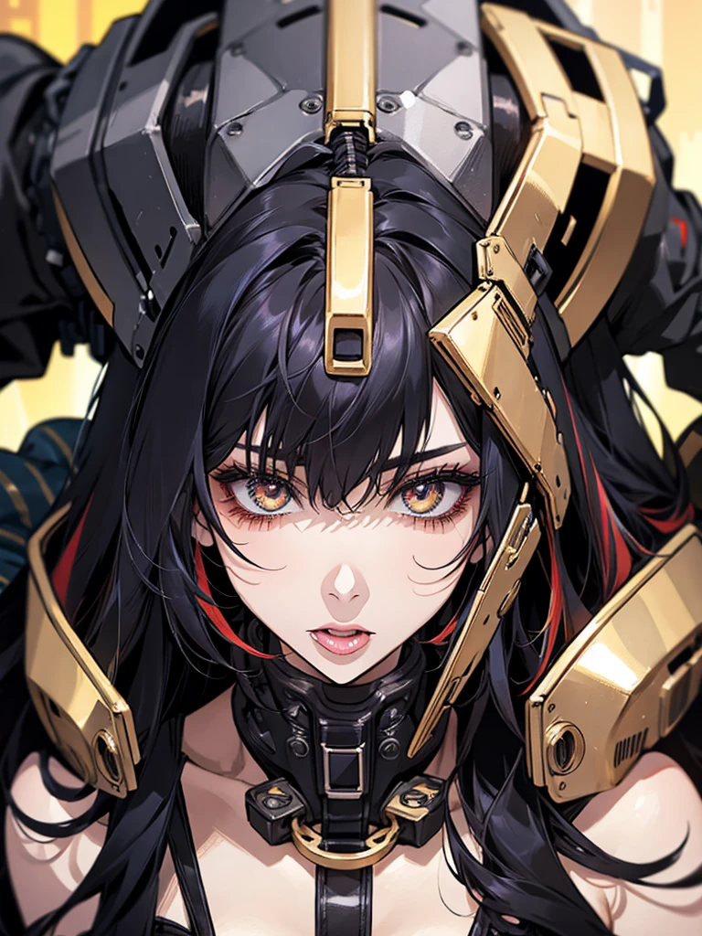 woman、Early 20s、cyber punk、Black Hair、Long Hair、Multicolored Hair、Golden Eyes、Close-up、sexy、Licking one&#39;s lips、