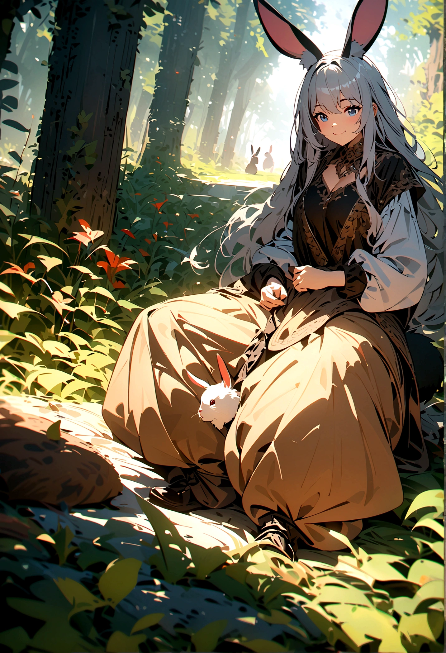 (charming,hairy,Rabbit ears,Silver Hair,Long hair,Baggy pants,Tail,Smile),Beautiful nature, rest,masterpiece,high resolution,Top quality