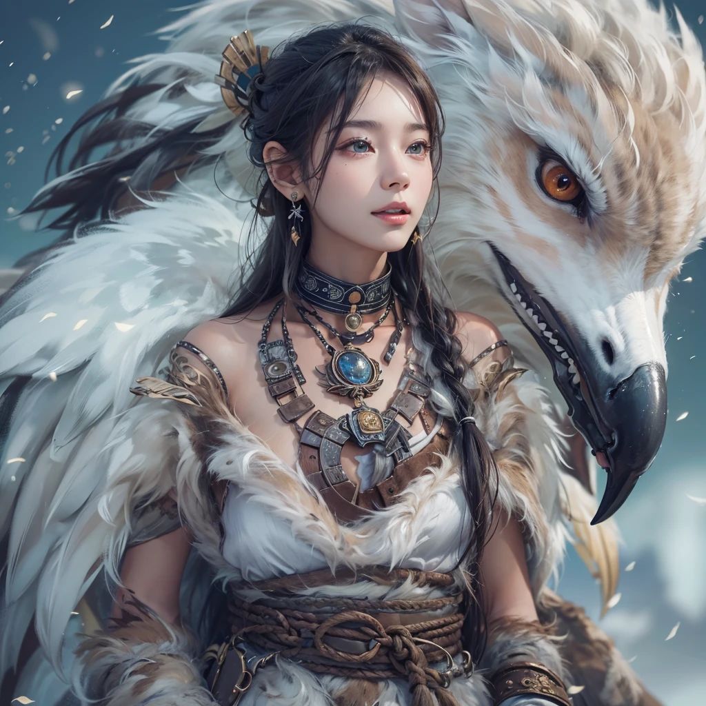 Hiding in the snowy mountains、Hair flow、 ((Highest quality、masterpiece、8K、Best image quality、Ultra-high resolution、Award-winning works)、(Accurate anatomy:1.1)、(Look at me and smile:1.1)、Shining fair skin with Ultra-high resolution、The most detailed face、Ultra-high resolution detailed face、Ultra-high resolutionの髪の毛、(Ultra-high resolutionの煌めく瞳:1.1)、Beautiful face drawn in every detail、(Blurred Background:1.1)、Ancient Inuit clothing, Chest to chest, tattoo, Old ruins in the background、Apart from the real giant eagle