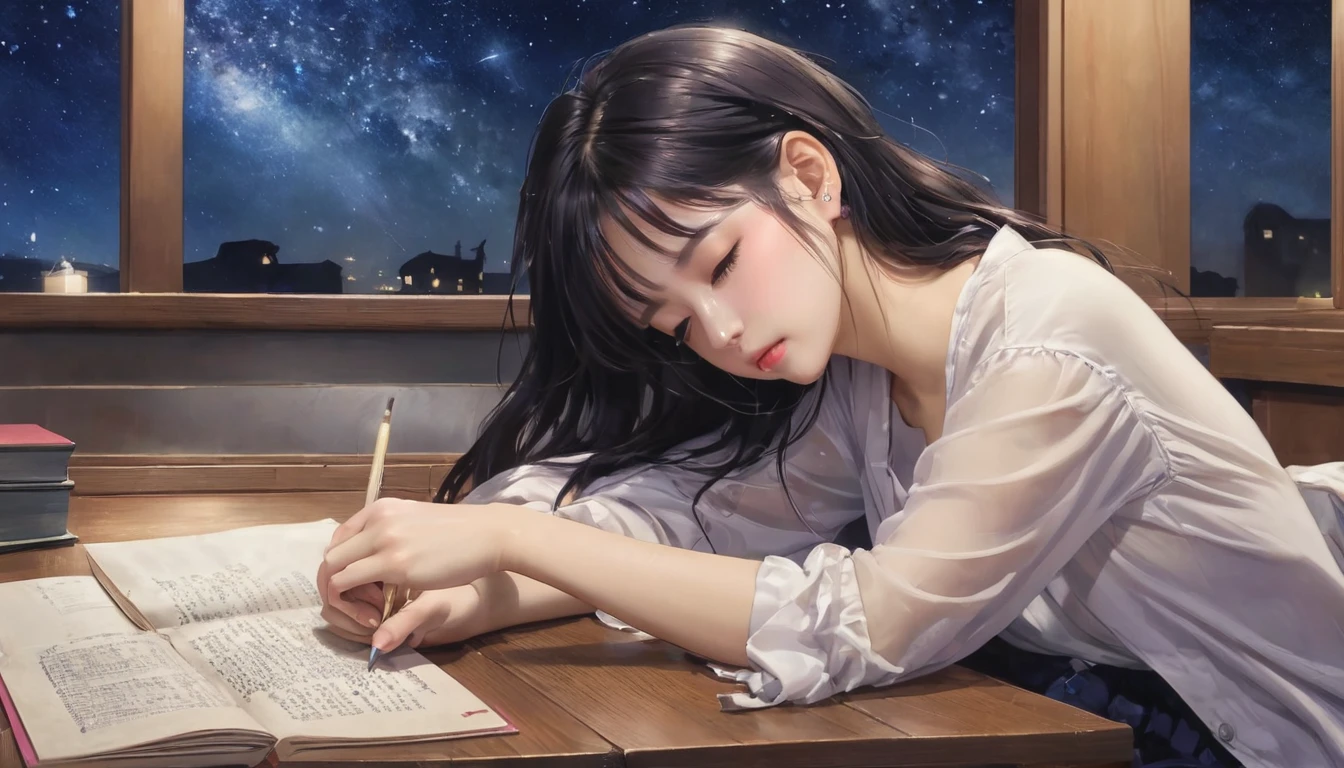 During class、1PeopleSleepingGirl、17age、Black Hair、Libra、Night view、Starry Sky、