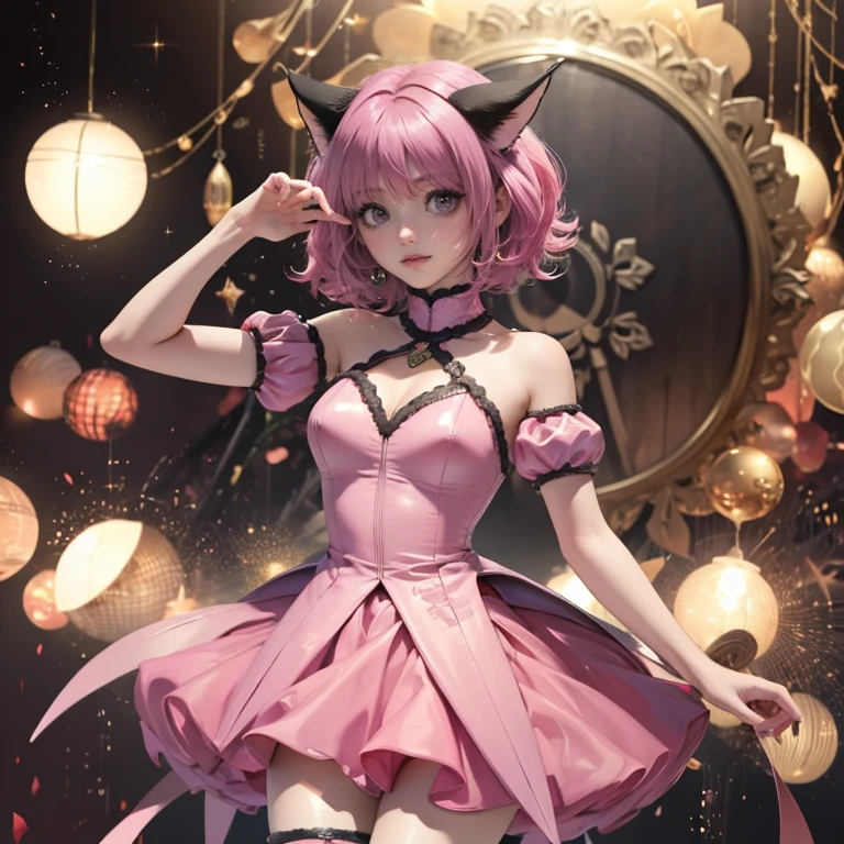 Ichigo Momomiya, Tokyo Mew Mew, white roses, ornament hair, white roses on her hair, cat ears, a cat girl, ornament hair, pink hair, short hair, 1 girl, Looking at the audience, flowing hair, Beautiful Eyes, Plump and glossy lips, Idol, pink dress with too many frills, pink dress, red laces, pink Short skirt, Drape clothes, red gem, red gloves, red boots, Lace trim, bright stage, luxury gold details, gold jewelry, more details, best quality, Big sparkling eyes, blushing, Striped Lace Stockings, pink ta skirt, sparkle, solo, centered girl, cowboy shot, perfectly body, perfectly hands, two arms, two legs, two hands, five fingers, perfect anatomy, glowing hair, red roses, 1girl, dress, solo, flowing hair, floating hair, ornament hair, perfectly body, perfectly hands, on the stage, sparkles, more details on her clothes, pink dress with transparency, golden details on her dress, night, holding a microphone, ((4k, masterpiece, top-quality)), 8k, best quality, high resolution, UHD, (illustration:0.8), super cute girl, delicate and beautiful face, mature girl, super cute hairstyle, (beautiful detailed eyes:1.6), extremely detailed face, perfect lighting, extremely detailed CG, (perfect hands, perfect anatomy), Best quality ((4k, masterpiece, top-quality)),8k, best quality, high resolution, HD, (illustration:0.8), super cute girl, delicate and beautiful face, mature girl, super cute hairstyle, (beautiful detailed eyes:1.6), extremely detailed face, perfect lighting, extremely detailed CG, (perfect hands, perfect anatomy), Best quality, cleavage, small skirt, full Body, two arms, two legs, two hands, five fingers