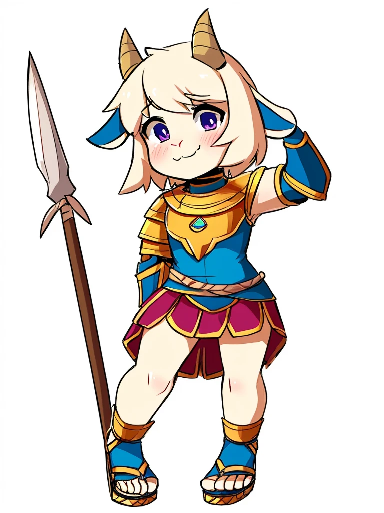 1girl, furry, furry_female, goat_ears, goat_girl, smile, solo, cute, shy, wearing full body plate armor, gladiator skirt, gladiator sandals, humanoid feet, holding a spear, nosebleed,bloody nose