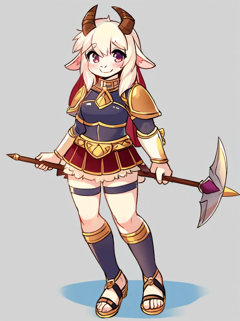 1girl, furry, furry_female, goat_ears, goat_girl, smile, solo, cute, shy, wearing full body plate armor, gladiator skirt, gladiator sandals, humanoid feet, holding a spear, nosebleed,bloody nose