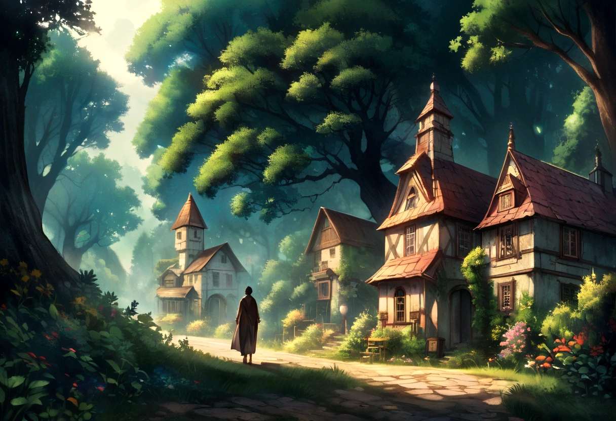Generate an image that captures the essence of a quiet town enveloped by foreboding, Shady forests, evoking a sense of mystery