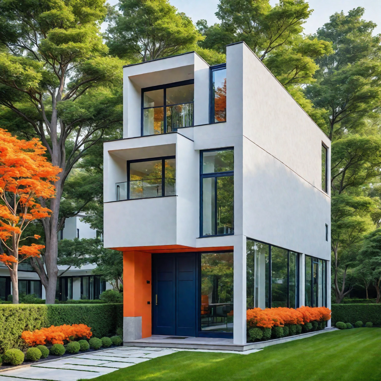 Modern house exterior, navy blue, orange accents, clean lines, large windows, minimalist, lush garden, vibrant trees, shrubs, colorful flowers, manicured lawn, stone pathway, realistic, high quality, masterpiece