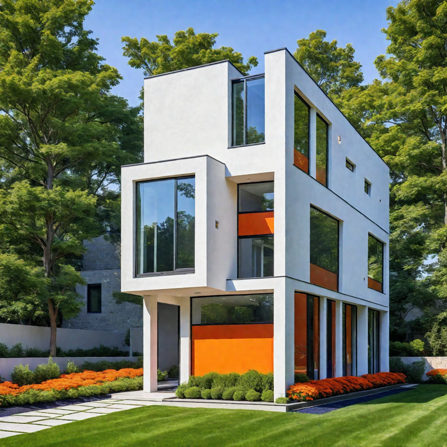Modern house exterior, navy blue, orange accents, clean lines, large windows, minimalist, lush garden, vibrant trees, shrubs, colorful flowers, manicured lawn, stone pathway, realistic, high quality, masterpiece