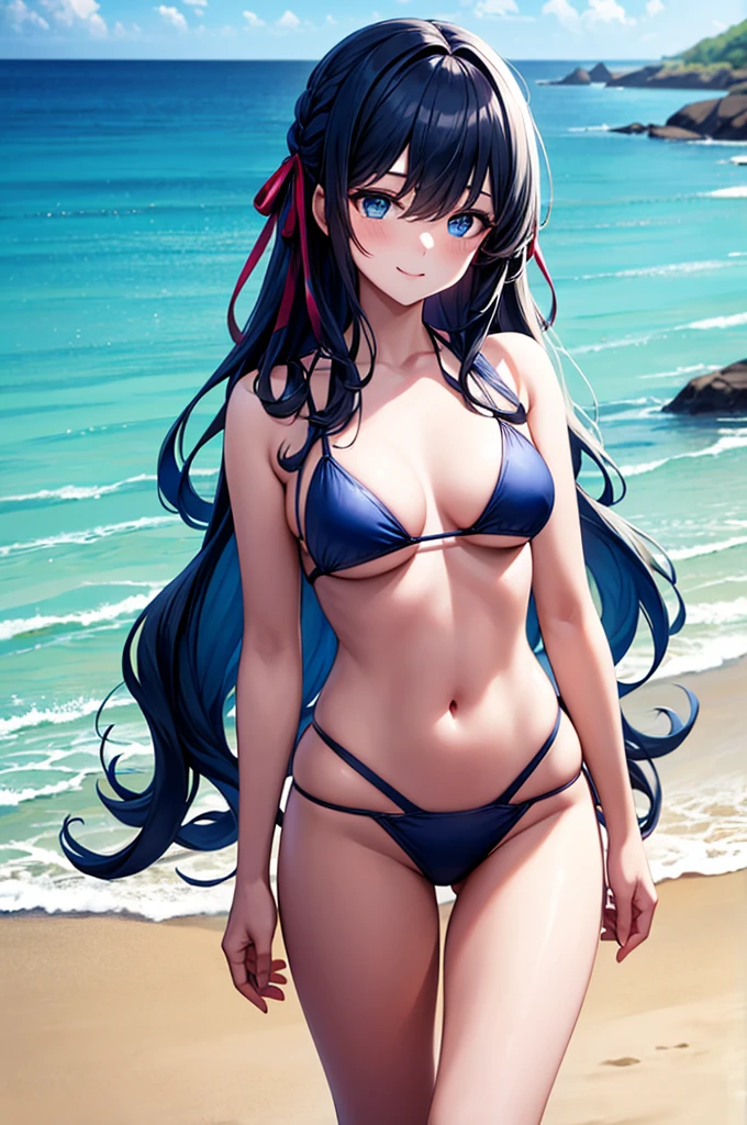 masterpiece, Highest quality, Are standing, Liselotte Cletia, A light smile, Long Hair, Wavy Hair, bangs, Hair between the eyes, Hair Ribbon, blue eyes, (Blue Hair:1), Black Bikini, Beach