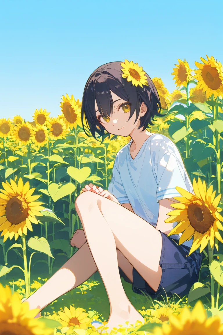 Painting of a boy sitting in a flower bed, 1boy, coronation of Prince of Flowers, Official Anime Artwork, Prince of Flowers, scene : Sunflower field, scene: Sunflower field, bright summer day, Poster ; summer, Official artwork, Yellow sunshine, shigenori soejima illustration, Beautiful sunflower anime girl, Anime Cover, Bright sunny day