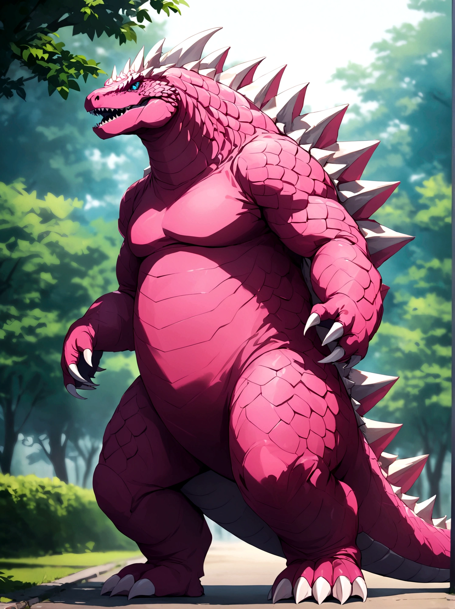 solo, full body, outdoors, blurry, no humans,pink godzilla