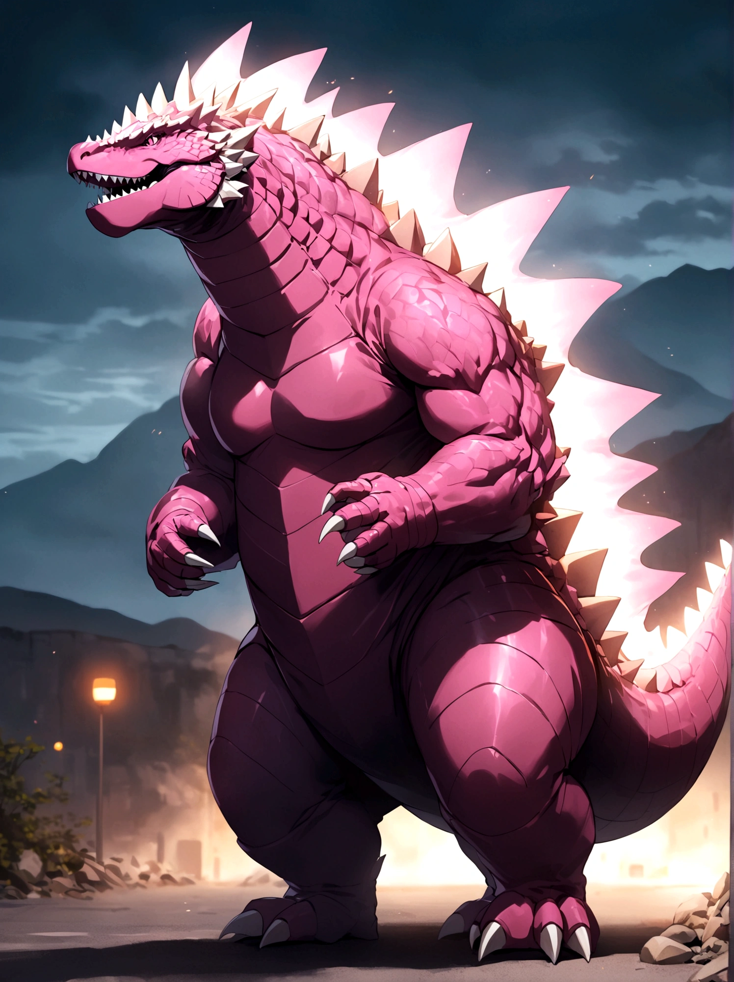 solo, full body, outdoors, blurry, no humans,pink godzilla