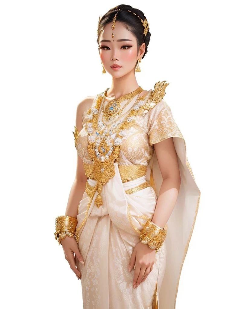 a close up of a woman in a white and gold dress, sukhothai costume, traditional beauty, traditional, very beautiful enga style, in style of thawan duchanee, wearing an ornate outfit, gold adornments, traditional tai costume, side view intricate details, intricate thin details in gold, in style of lam manh, south east asian with long