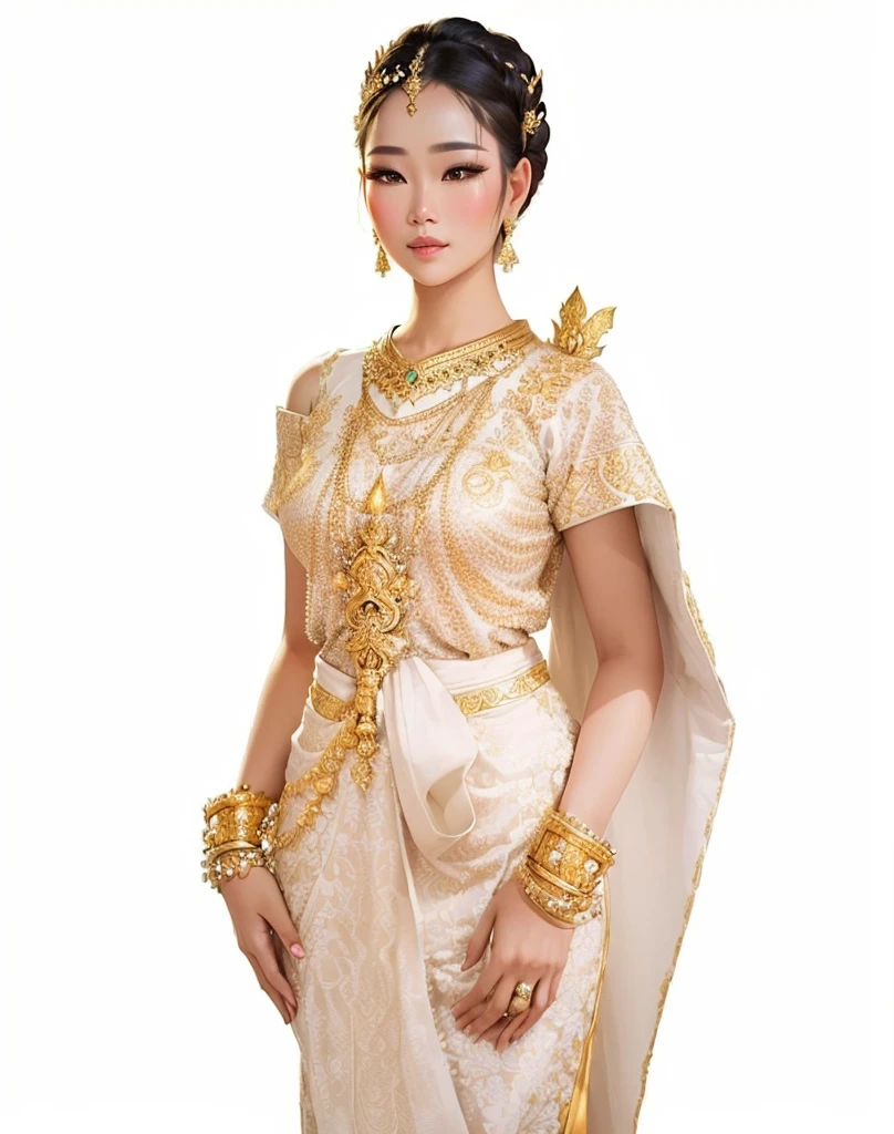 a close up of a woman in a white and gold dress, sukhothai costume, traditional beauty, traditional, very beautiful enga style, in style of thawan duchanee, wearing an ornate outfit, gold adornments, traditional tai costume, side view intricate details, intricate thin details in gold, in style of lam manh, south east asian with long
