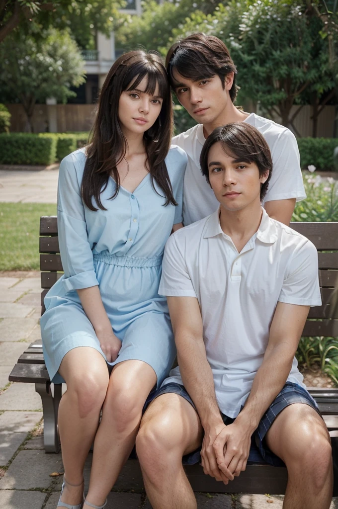 Married couple. Husband: has neatly styled black hair and his bangs are parted to the left. He wore a white shirt. And he has a fit body .  Wife: has long, straight brown hair with bangs. She wears Light blue dress. Pose: they are sitting on a park bench. Backgroun: beautiful garden