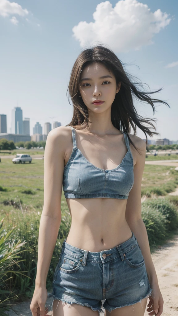 (8K, Raw photo, Photorealistic: 1.25),16 K,Beautiful skyline:1.5, Large grasslands:1.5, Girl in torn crop top and tormented blue denim shorts, Perfect body: 1.4, Slim abdomen: 1.2, Very small cleavage,Model body type、gradation hair