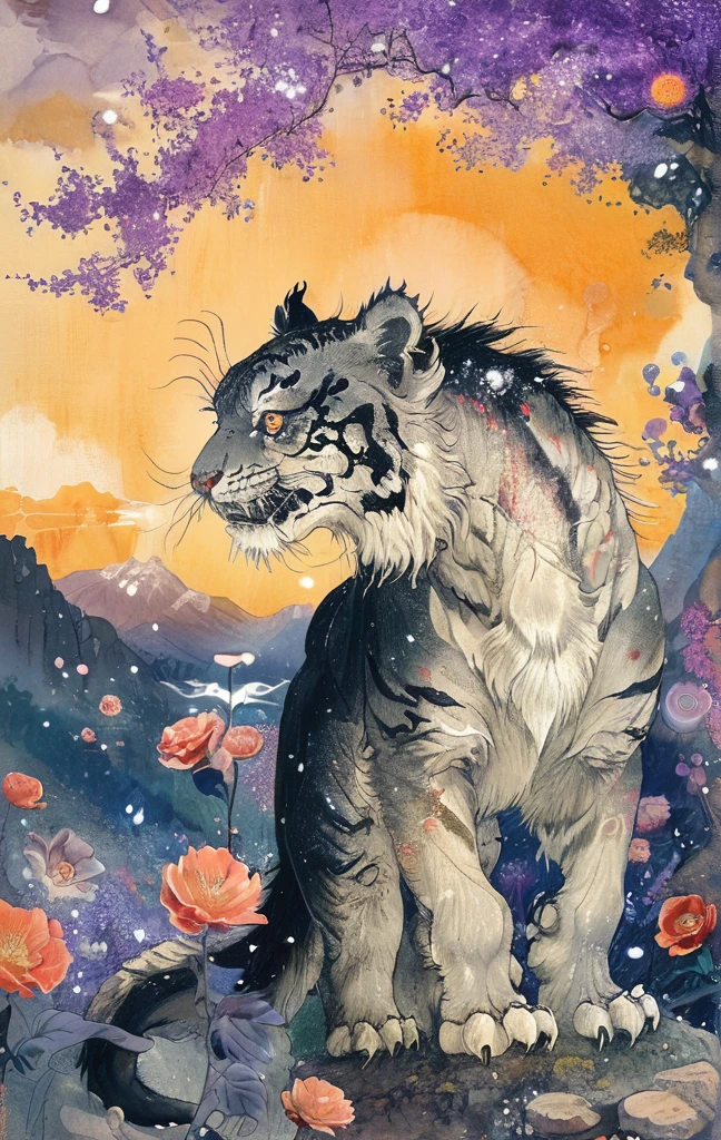 A white dragon lies in the middle of an endless field full of purple flowers, surrounded by snow-capped mountains and a blue sky sparkling with golden sunset rays. The whole scene is filled with a dreamy atmosphere, with vibrant colors and detailed background elements rendered in high resolution and detailed in a top quality illustration style. A girl with black hair and white eyes, dressed in dark , stands next to an anthropomorphic tiger, both looking at the camera. The background is adorned with intricate patterns of flowers and leaves., with a black color scheme, taken from a low angle shot, with high resolution and high detail, a masterpiece