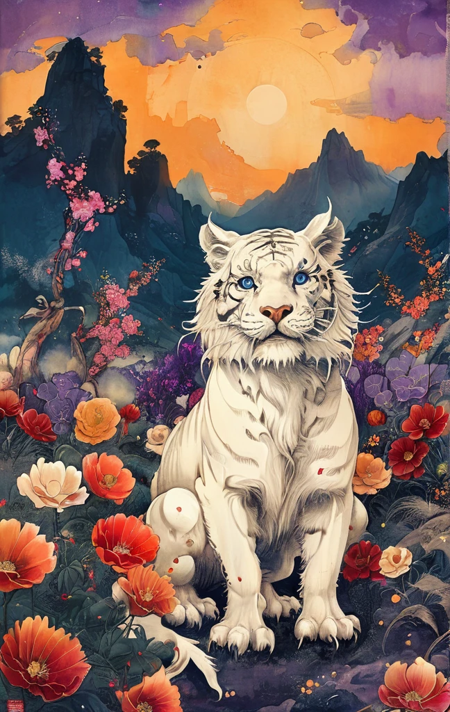 A white dragon lies in the middle of an endless field full of purple flowers, surrounded by snow-capped mountains and a blue sky sparkling with golden sunset rays. The whole scene is filled with a dreamy atmosphere, with vibrant colors and detailed background elements rendered in high resolution and detailed in a top quality illustration style. A girl with black hair and white eyes, dressed in dark , stands next to an anthropomorphic tiger, both looking at the camera. The background is adorned with intricate patterns of flowers and leaves., with a black color scheme, taken from a low angle shot, with high resolution and high detail, a masterpiece
