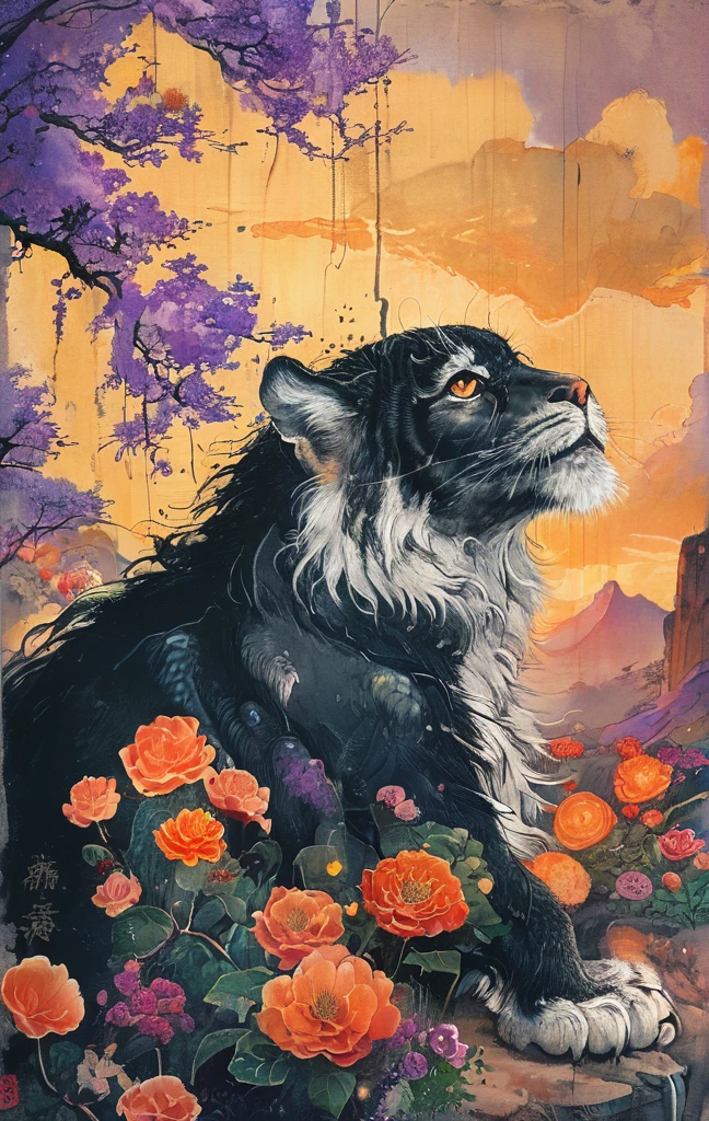 A white dragon lies in the middle of an endless field full of purple flowers, surrounded by snow-capped mountains and a blue sky sparkling with golden sunset rays. The whole scene is filled with a dreamy atmosphere, with vibrant colors and detailed background elements rendered in high resolution and detailed in a top quality illustration style. A girl with black hair and white eyes, dressed in dark , stands next to an anthropomorphic tiger, both looking at the camera. The background is adorned with intricate patterns of flowers and leaves., with a black color scheme, taken from a low angle shot, with high resolution and high detail, a masterpiece