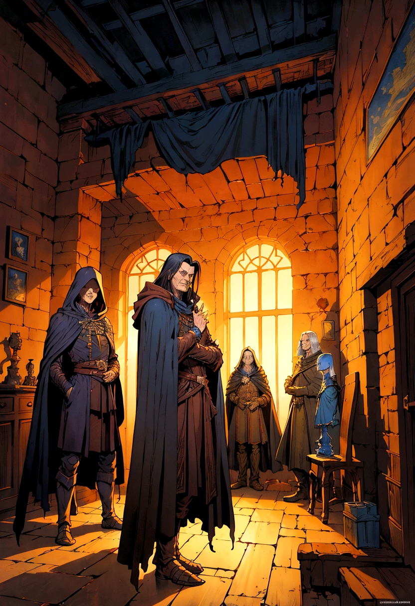 a painting of a man in a cloak standing in a room, michael whelan and gustave done, michael whelan and gustave dore, ted nasmith and marc simonetti, micheal whelan, by Michael Whelan, alan lee and marc simonetti, by Larry Elmore, michael whelan art, by the Brothers Hildebrandt, by Don Maitz