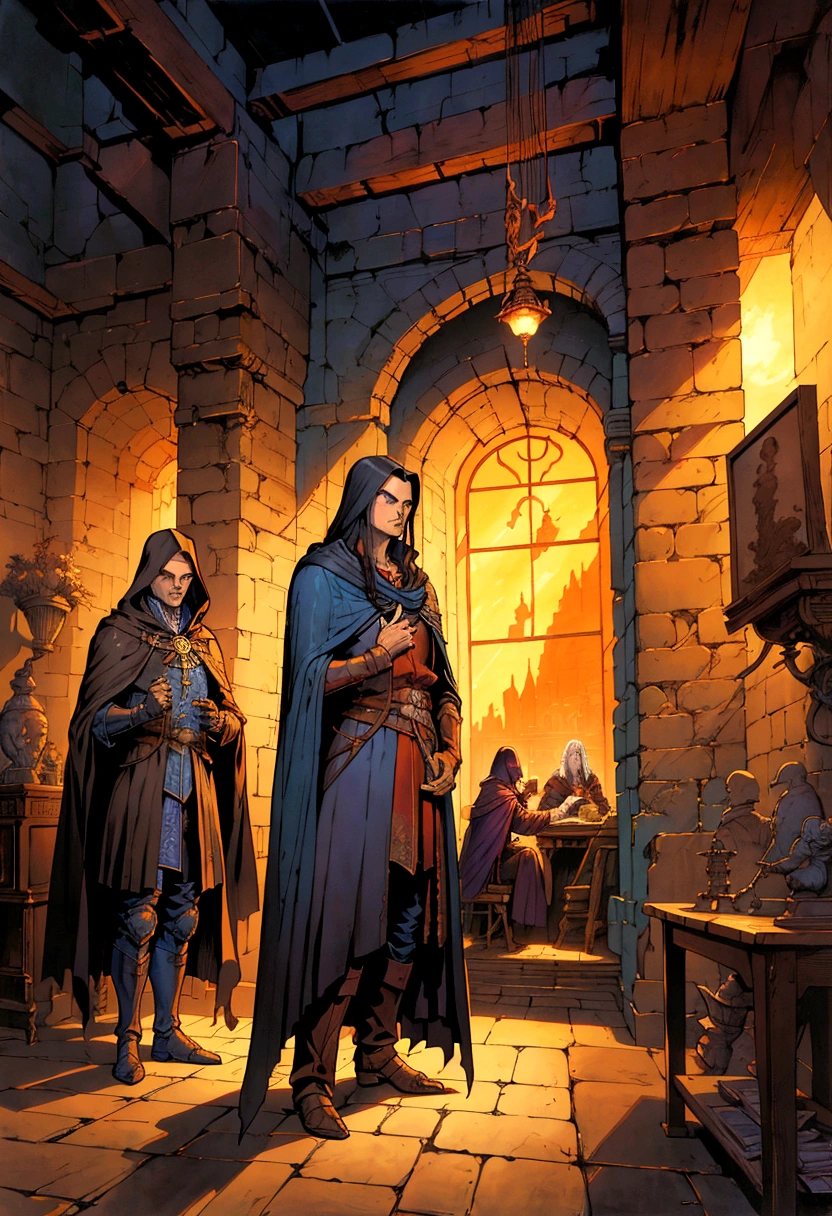 a painting of a man in a cloak standing in a room, michael whelan and gustave done, michael whelan and gustave dore, ted nasmith and marc simonetti, micheal whelan, by Michael Whelan, alan lee and marc simonetti, by Larry Elmore, michael whelan art, by the Brothers Hildebrandt, by Don Maitz