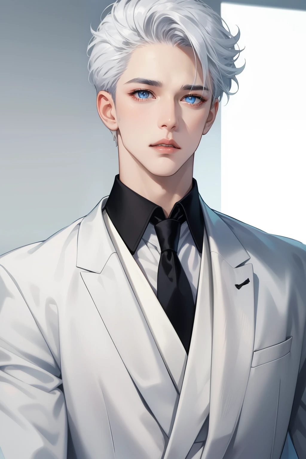 Boy, silver hair, blue eyes, serious sharp features, white skin, shiny lips, handsome, perfect, formal suit