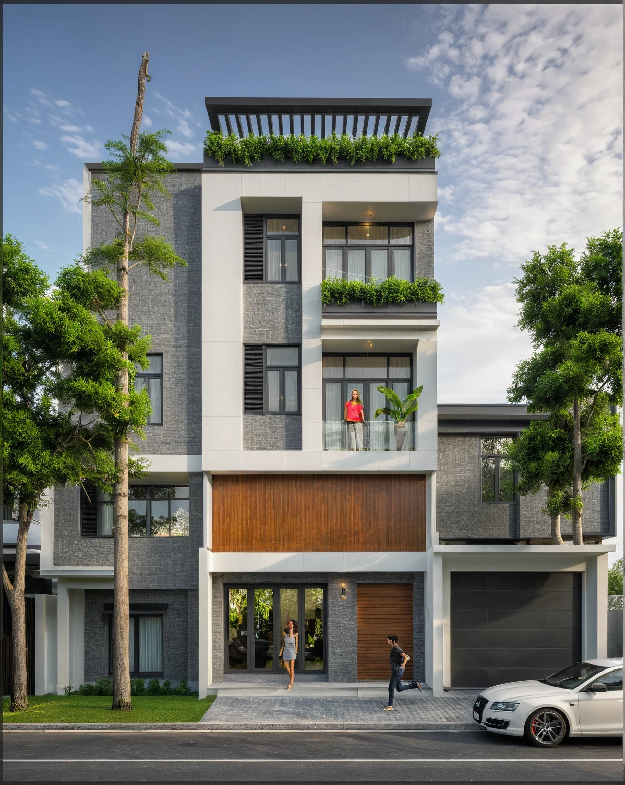 modern villa on street, (overcast lighting:1.2), tropical tree, vivid color, streetcapes, nice sky, grey and wwhite tone, (large glass door:1.2), warm interior lighting, modern material, best quality, ultra realistic, masterpiece, 17ArchiAI_XL_VL-v1
