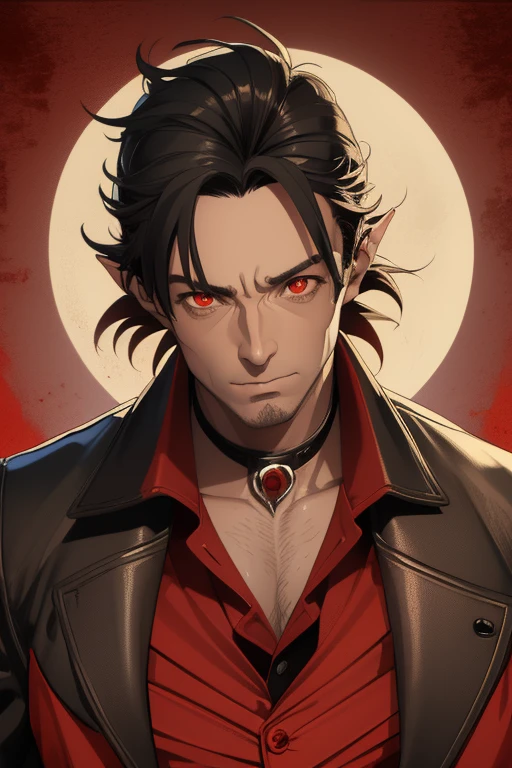 Hugh Jackman from wolwerine 40 years Vampire short black hair vintage pointed ears red eyes Stempunk hunter clothing black vintage decorations Steampunk holding a blood moon mirror looking directly at the viewer red background
