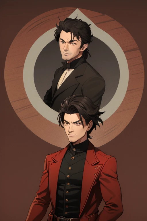 Hugh Jackman from wolwerine 40 years Vampire short black hair vintage pointed ears red eyes Stempunk hunter clothing black vintage decorations Steampunk holding a blood moon mirror looking directly at the viewer red background