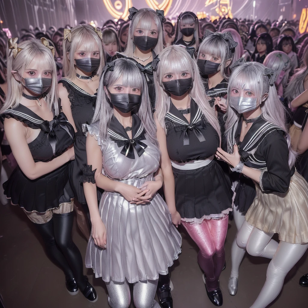 8K resolution, surreal, Super detailed, high quality, perfect ???????, perfect proportion,
((((((A group photo of home party at midnight, women only, most crowded indoor festival at night club, 7 girls, group photo)))))),
(((((black clothes, jirai fashion, sailor collar, sailor uniform with many frills, Lace, pleated skirt, micro mini skirt, bow ribbon))))),
(((pink clothes, grey clothes))),
((grin, smile, happy)), ((((wearing black face mask)))),
((((bright bleached hair, silver hair, gold hair))))+, (((super large breasts))), posing,
(((shiny detailed oiled porcelain skin))),
(((black see-through tights))), looking at viewer, full body