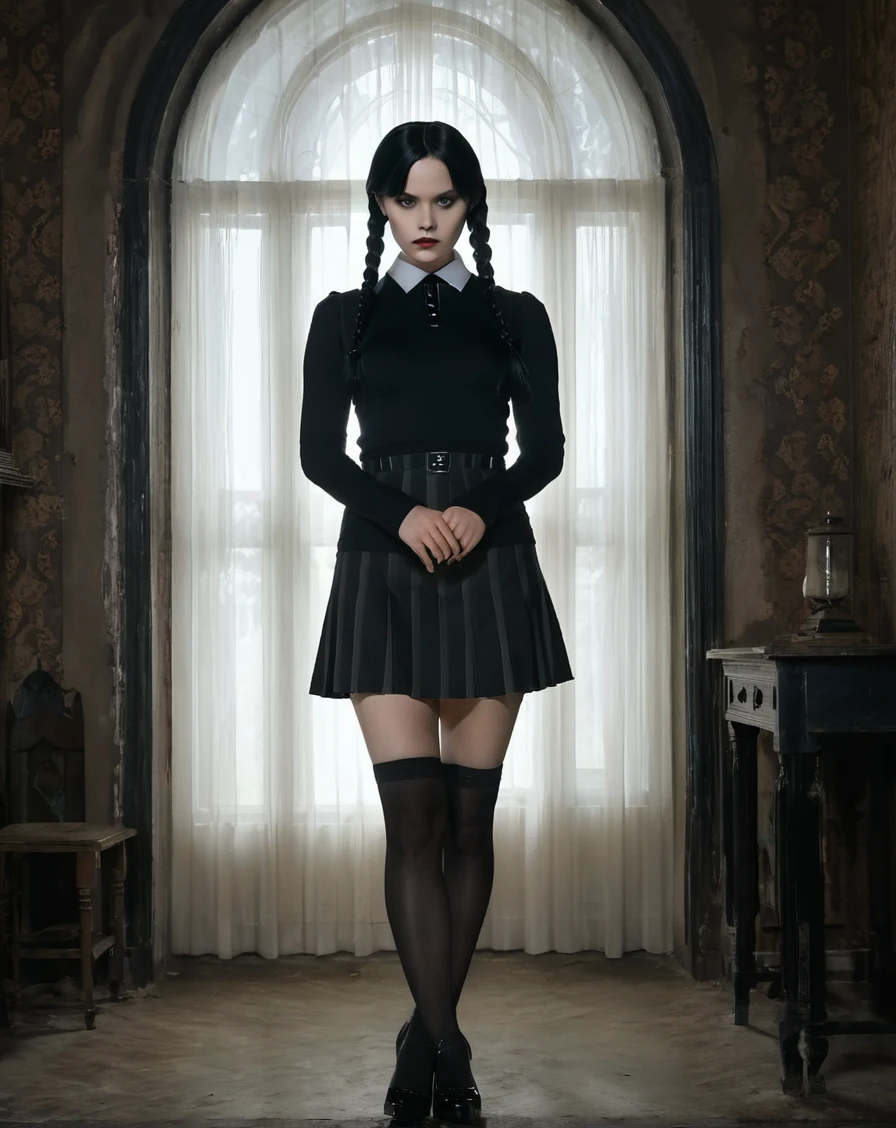 explicit content, adult content,  full body picture of Wednesday Addams, masterpiece, photorealistic, woman, detailed, backlighting, light, RAW color photo,(fully in frame:1.1), detailed skin texture, (blush:0.5), (goosebumps:0.5), (wearing a sexy mini uniform that shows balck panties:1.6), black hair, high heels black shoes, (blak sexy miniskirt that shows panties:1.5)