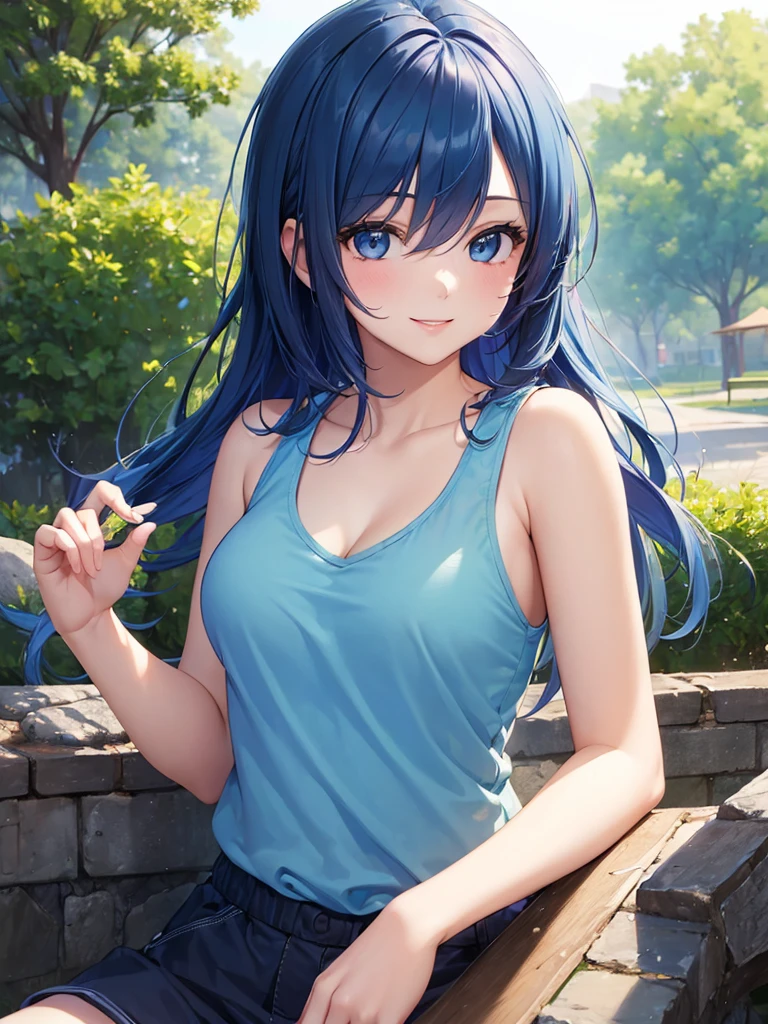 (masterpiece:1.5),(Beat quality),(high res),1girl solo,beautiful face,smile(shining eyes),upper body,light effects,Blue-haired woman in tank top,Morning Park