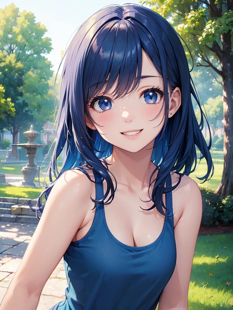 (masterpiece:1.5),(Beat quality),(high res),1girl solo,beautiful face,smile(shining eyes),upper body,light effects,Blue-haired woman in tank top,Morning Park