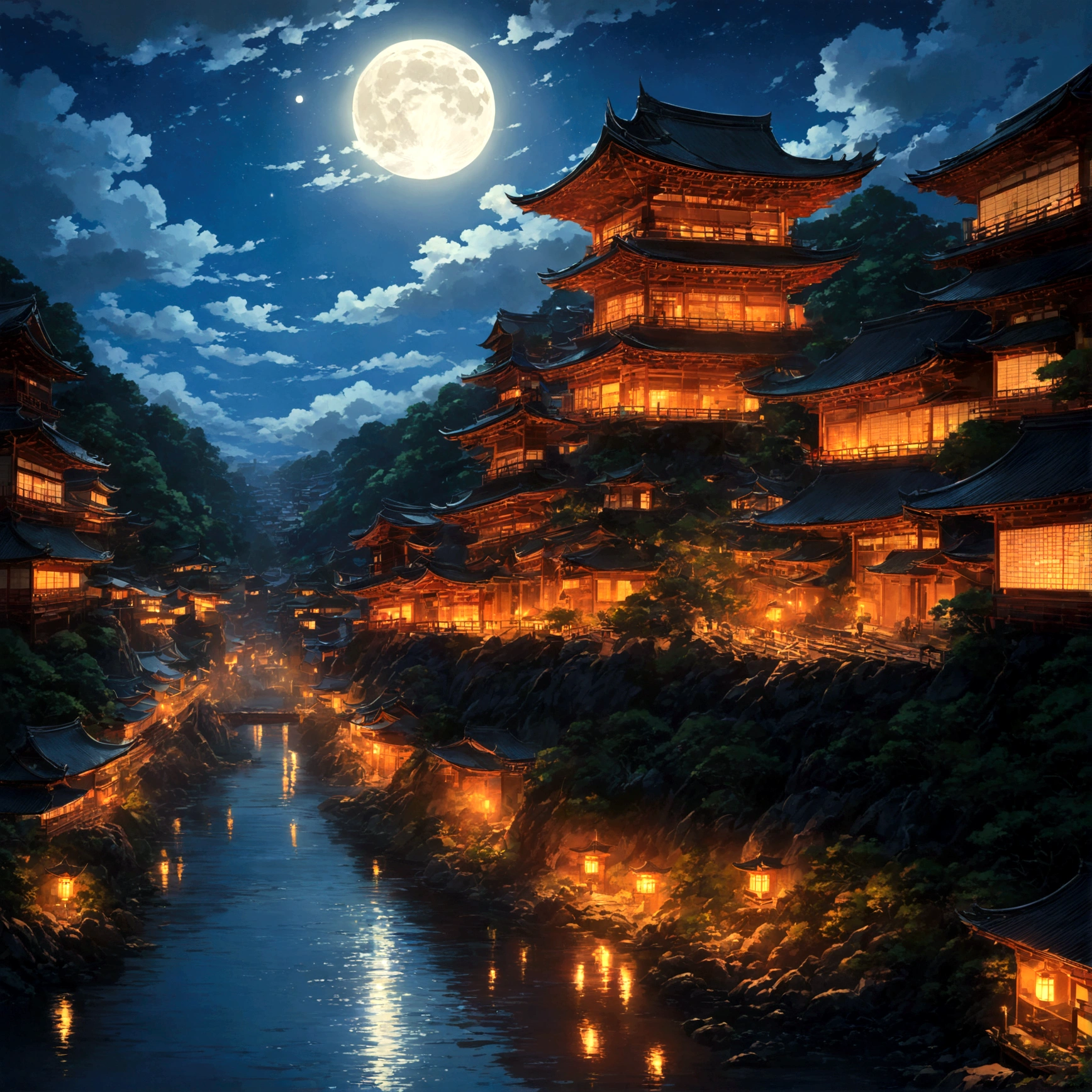 night空に浮かぶfull moonが、漆黒の闇に包まれた古都・Kyotoを、青白くFantasyに照らしている。 静かに流れるKamo Riverの上空に、A huge shadow creeps up。it is、Japan's oldest legendary creature、Yamata no Orochi。With eight heads and eight tails、巨大なdragonの姿をした恐るべき怪物だ。 Yamata no Orochiの燃え盛るような八つの赤い目は、Filled with rage that seems to burn everything down、I can almost hear the roar。In the huge body、It is covered with hard scales like the trunk of an old tree.、Overwhelming to see。 Kamo Riverの水面に映る八つの頭は、It shines red as if it is scorching the surface of the water.、Its appearance makes those who see it tremble with awe.。beautifulAnime Scenery, Landscape painting, beautifulデジタル絵画, Andreas Rocha, beautifulアートワークのイラスト, Awesome Wallpapers, Raymond Han, 背の高いbeautiful絵画, Studio Ghibli Makoto Shinkai, beautiful壁紙, Anime Scenery, Yamata no Orochi, Yamata no Orochi, dragon, Kyoto, Kamo River, Gion, full moon, night, Fantasy, beautiful, Powerful, That's horrible, Humans don't draw