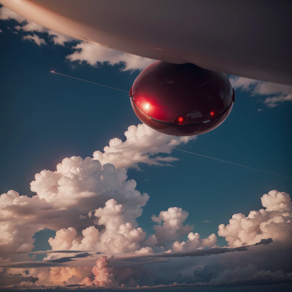 Metallic blood red UFO seen up close under the clouds, sunny day, light trail forms a 90º angle