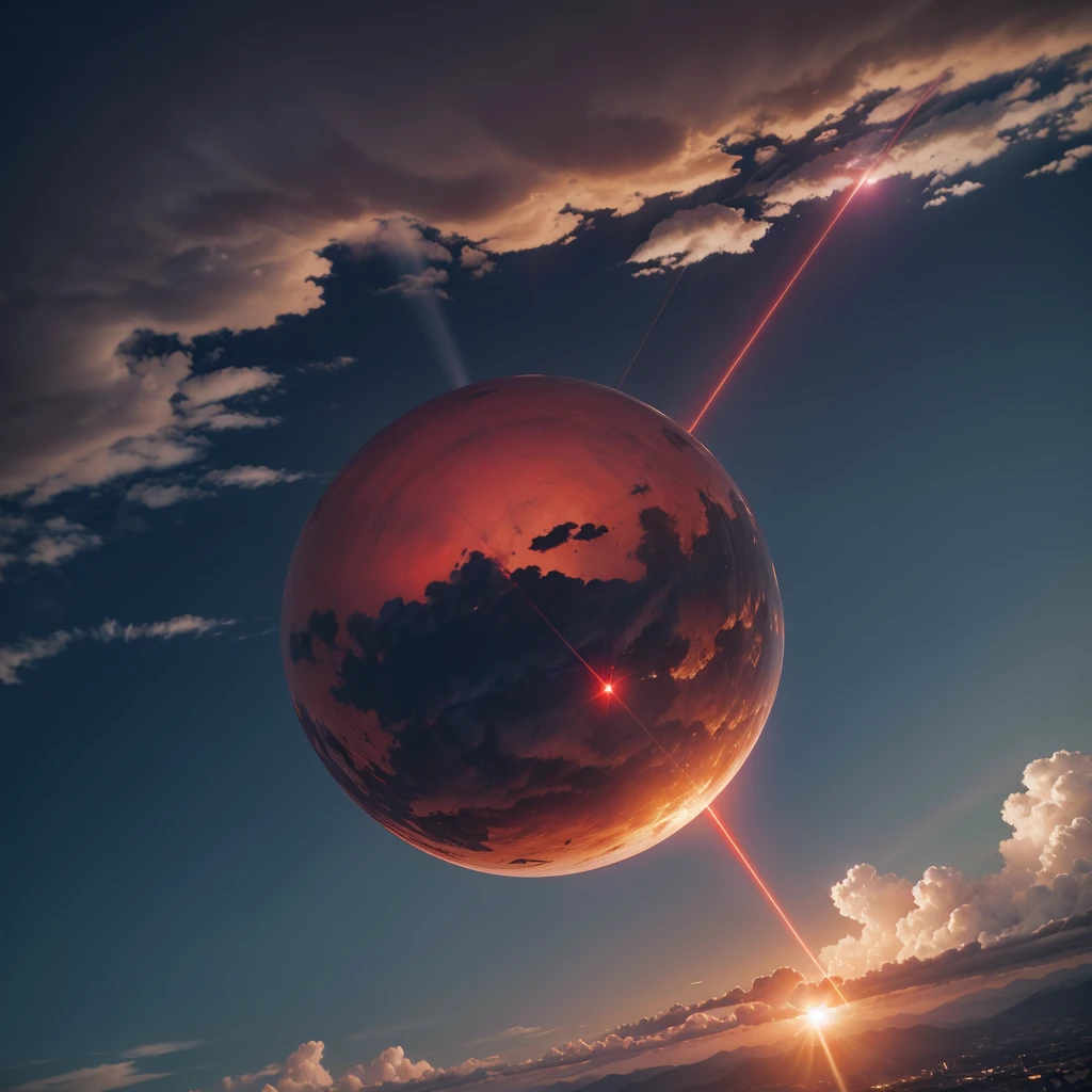 Metallic blood red UFO seen up close under the clouds, sunny day, light trail forms a 90º angle