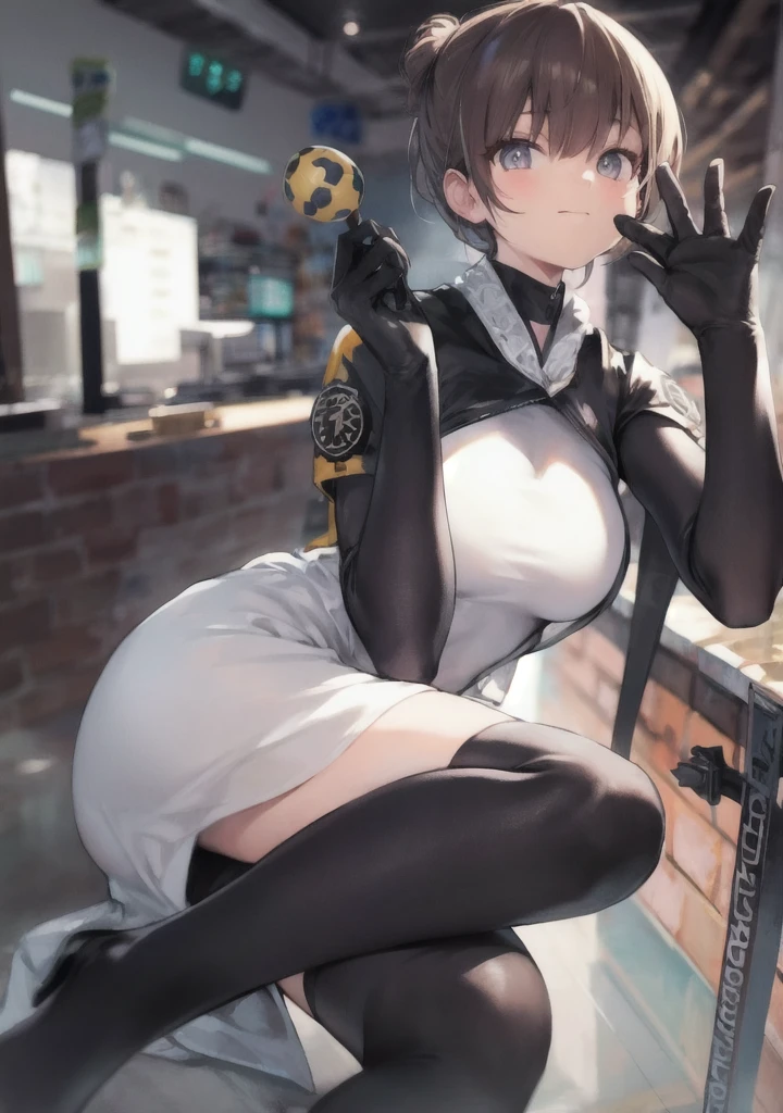 1.5),(girl),(Dynamic pose),Brown Hair,(Vermilion eyes),(first round),Big Breasts,White dress,Yellow coat