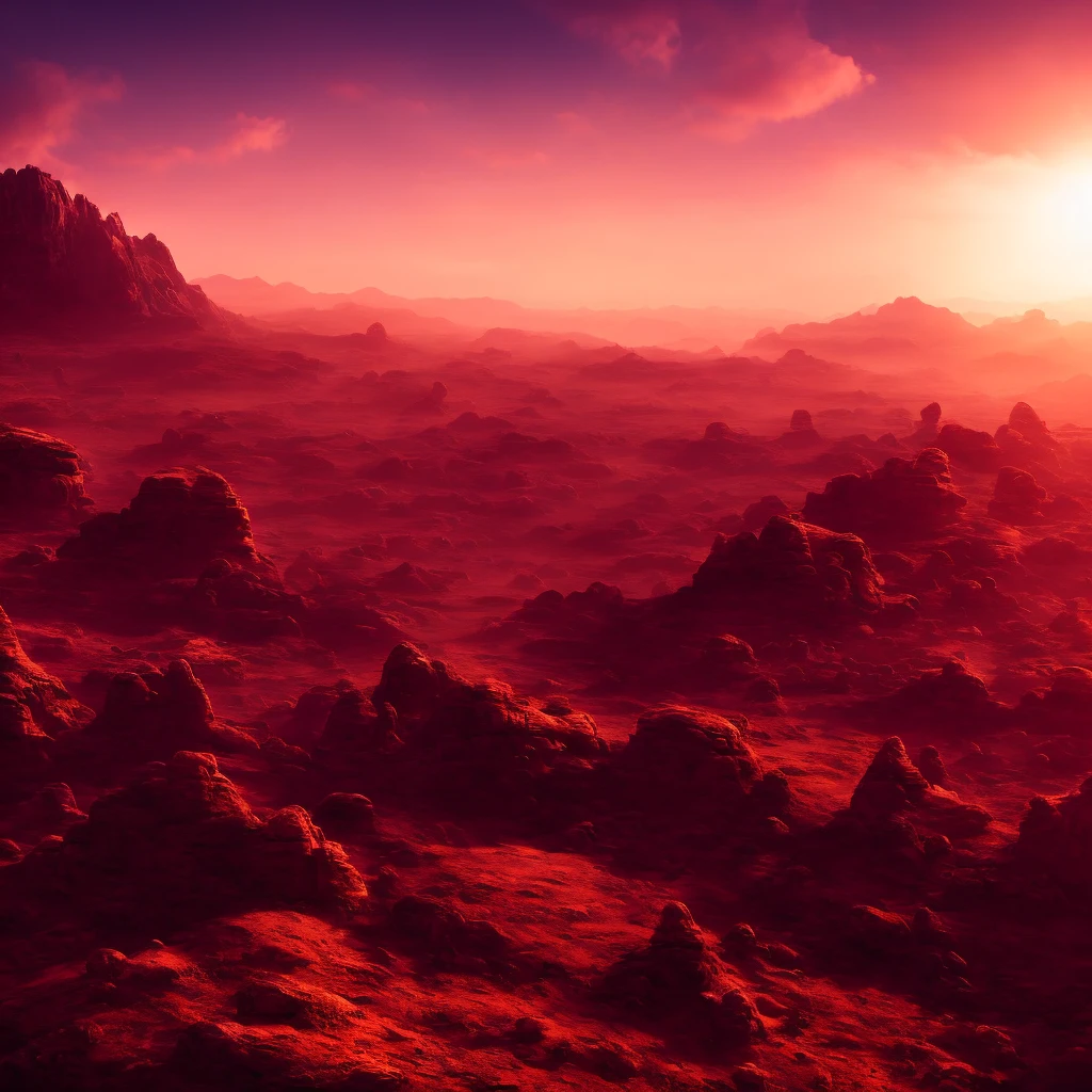 a vast alien exoplanet landscape, dramatic dramatic red skies, strange glowing alien flora, giant floating mountains, otherworldly geology, intricate alien architecture, advanced alien technology, cinematic lighting, matte painting style, highly detailed, photorealistic, 8k, best quality, ultra-detailed, realistic, dramatic lighting, moody colors, atmospheric