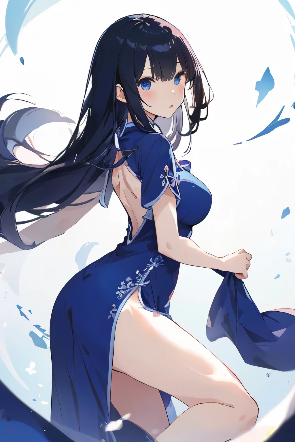best quality, masterpiece, (独奏:1.2), (1 Female:1.2)、Age 25、Larger breasts、(Slender figure)、(from side:1.2)、(One leg up pose:1.2)、(Dynamic)、(Blue Chinese Dress:1.2)、(Thighs)、(White highlight in pupil:1.2)、Dark blue eyes、(Black-haired:1.2)、Straight bangs、(Long Hair)、(View your viewers:1.2)、White skin、(blush)、(Serious expression)、(The paint on the characters is flat.)、(I blur the background a lot to make the woman stand out.:1.3)、(Half backlight)、(Abstract style background)、flowers in background