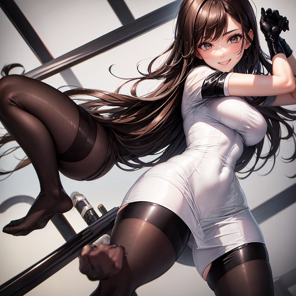 girl in a white shirt and black pencil skirt ,in black tight tights ,brown-haired , in rubber gloves, full length pulls on the glove , Erotic smile