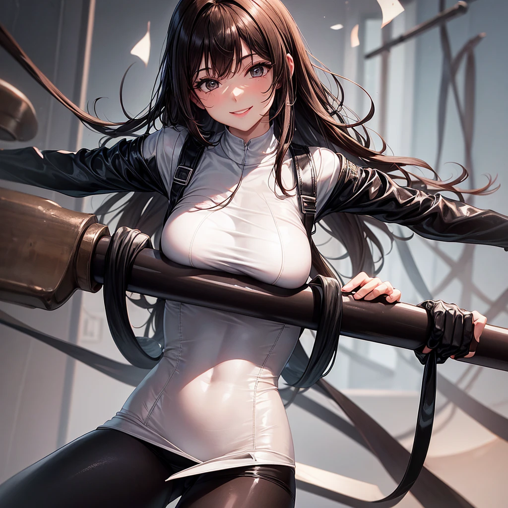 girl in a white shirt and black pencil skirt ,in black tight tights ,brown-haired , in rubber gloves, full length pulls on the glove , Erotic smile