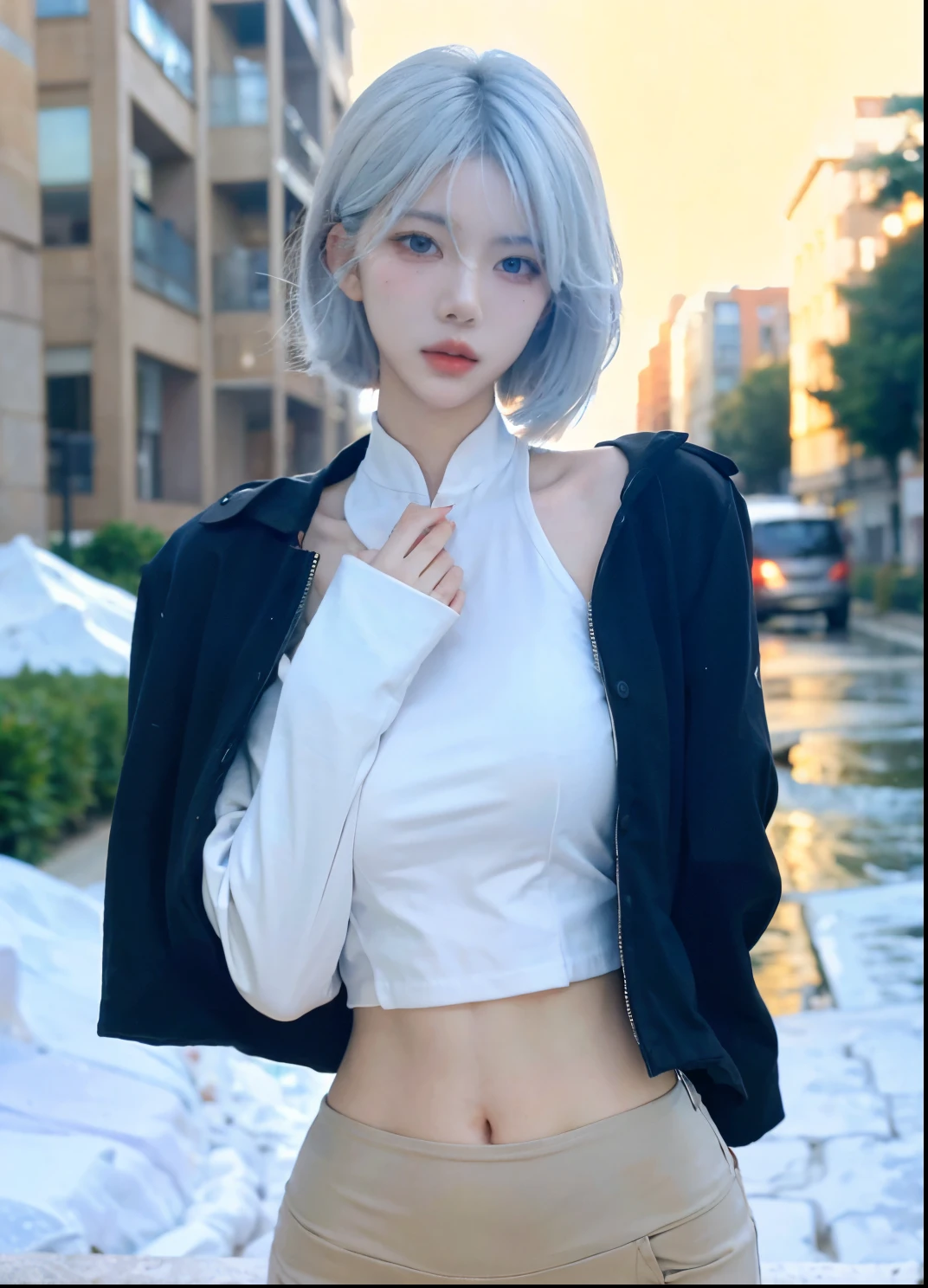 Beautiful woman with perfect figure:1.4,Ultra-high resolution,Put your hands behind your back,Snow background,(Realism:1.4),perspective,Layered hairstyle,Snow white skin,JK:1.5,Super short pleated skirt,whole body:1.4,Very delicate and skin texture,Double eyelids,Skin Whitening,Long hair,White hair