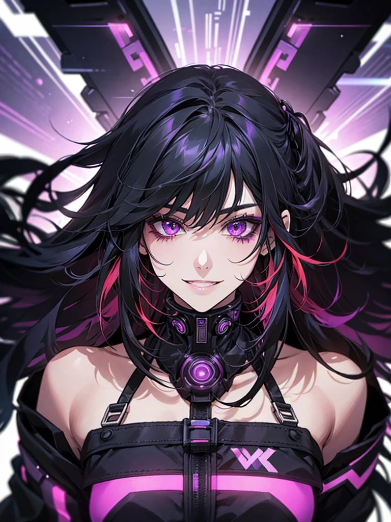 woman、Early 20s、cyber punk、Wicked Smile、Black Hair、Long Hair、Multicolored Hair、Purple Eyes、Close-up、sexy、
