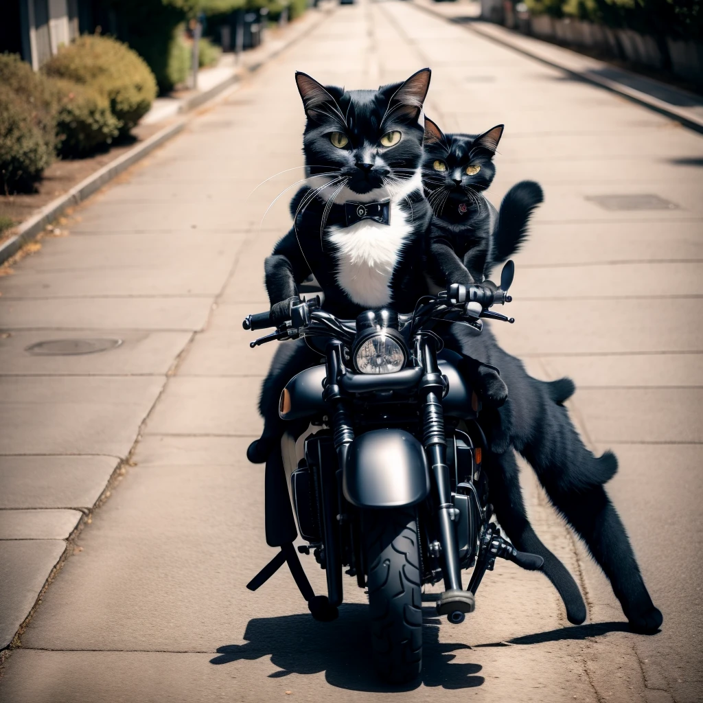 tuxedo cat with Mustache riding harley davidson motorcycle,american ganster,tattoo