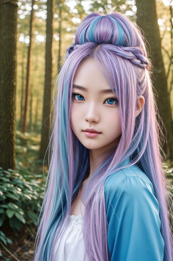 anime style,korean manga, beautiful 19 year old girl with long straight hair,and at the tips wavy, silver in color then on the shoulders it fades to pink, violet and light blue,with somewhat disheveled bangs,Snow white skin, sharp eyes with heterochromia, one eye red like ruby and the other blue like aquamarine,It is in a beautiful forest with beautiful flowers,and wear a light dress