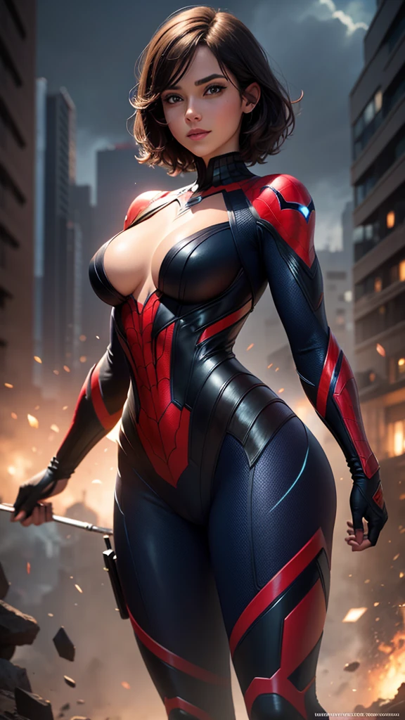 beautiful sexy girl, short brunette hair, purple eyes, Spider-Man 2099 costume, bright smile, cobweb, lightning, (best quality,4k,8k,highres,masterpiece:1.2),ultra-detailed,(realistic,photorealistic,photo-realistic:1.37),digital art, fantasy, dynamic pose