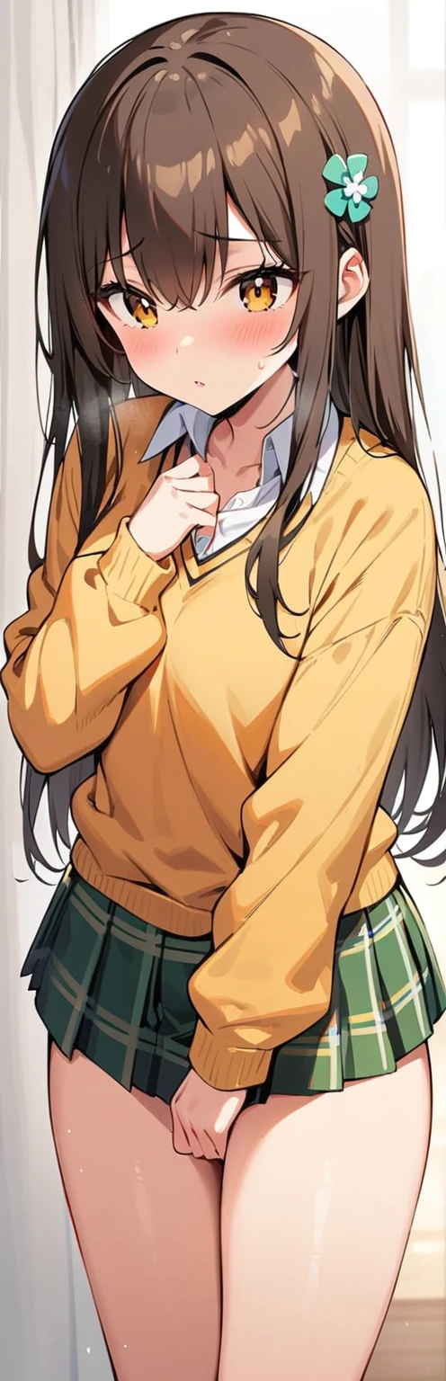 (Masterpiece, best quality:1.2), 1 girl, alone,stand_separate, 
Yuki food, brown eyes, brown hair, hair accessories,long hair,green plaid skirt, Sainan High School student uniform, , white shirt, yellow sweater,No underwear

