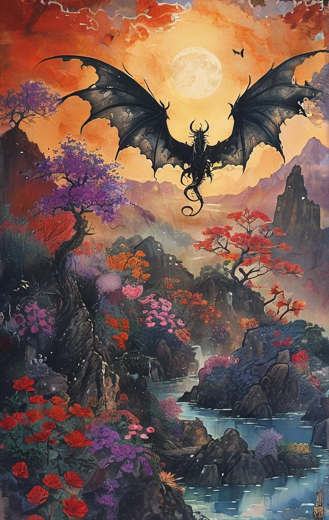 A white dragon lies in the middle of an endless field full of purple flowers, surrounded by snow-capped mountains and a blue sky sparkling with golden sunset rays. The whole scene is filled with a dreamy atmosphere, with vibrant colors and detailed background elements rendered in high resolution and detailed in a top quality illustration style. (Highest quality,4K,8K,High resolution,masterpiece:1.2),Super detailed,(Realistic,photoRealistic,photo-Realistic:1.37),Hot thick succubus mom with long black hair, deep black lips, She wears a revealing black leather outfit with BDSM themes.. Her outfit consists of a seductive bustier, accentuate her voluptuous figure. Her skin is a captivating shade of fiery red, Exudes a devilish charm. A pair of majestic demon wings gracefully grow from her back., Intricately detailed and intricately painted patterns. On her head, She has enchanted tiefling horns, Embodying her other-dimensional existence. The artwork should capture her captivating aura., Showing her confidence and strength. The lighting in the scene should accentuate the seductive curves of her body., Project dramatic shadows and highlights. The color palette should evoke a sense of darkness and desire., Rich black contrast, red, deep chestnut color.
