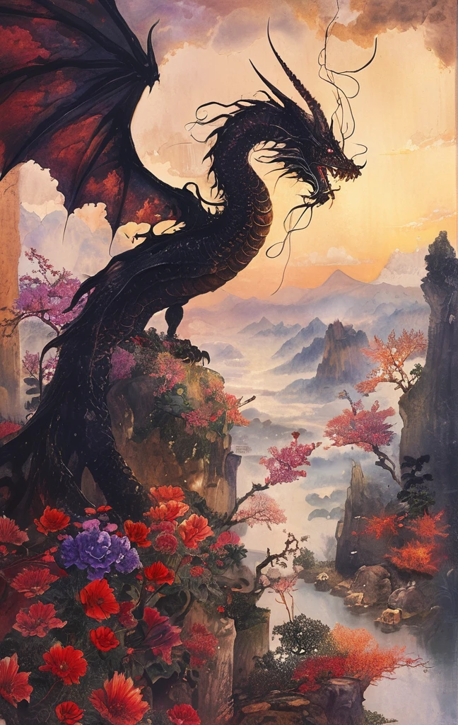 A white dragon lies in the middle of an endless field full of purple flowers, surrounded by snow-capped mountains and a blue sky sparkling with golden sunset rays. The whole scene is filled with a dreamy atmosphere, with vibrant colors and detailed background elements rendered in high resolution and detailed in a top quality illustration style. (Highest quality,4K,8K,High resolution,masterpiece:1.2),Super detailed,(Realistic,photoRealistic,photo-Realistic:1.37),Hot thick succubus mom with long black hair, deep black lips, She wears a revealing black leather outfit with BDSM themes.. Her outfit consists of a seductive bustier, accentuate her voluptuous figure. Her skin is a captivating shade of fiery red, Exudes a devilish charm. A pair of majestic demon wings gracefully grow from her back., Intricately detailed and intricately painted patterns. On her head, She has enchanted tiefling horns, Embodying her other-dimensional existence. The artwork should capture her captivating aura., Showing her confidence and strength. The lighting in the scene should accentuate the seductive curves of her body., Project dramatic shadows and highlights. The color palette should evoke a sense of darkness and desire., Rich black contrast, red, deep chestnut color.